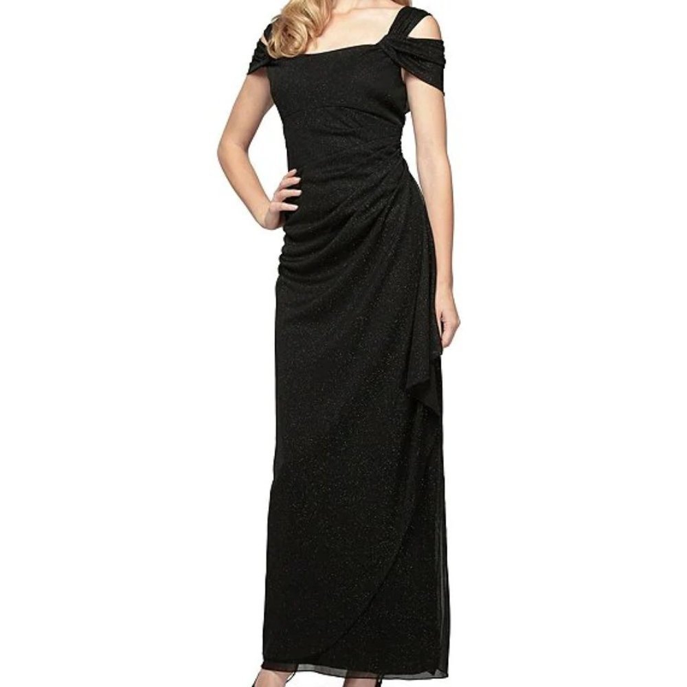 Alex Evenings Exposed Shoulder Draped Neck Cap Sleeve Ruched Waterfall Hem Mesh